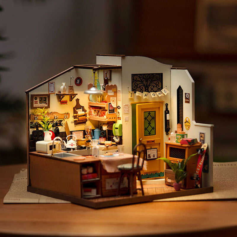 Rolife Happy kitchen Dollhouse Minature House DIY Wooden Puzzle with LED Light close